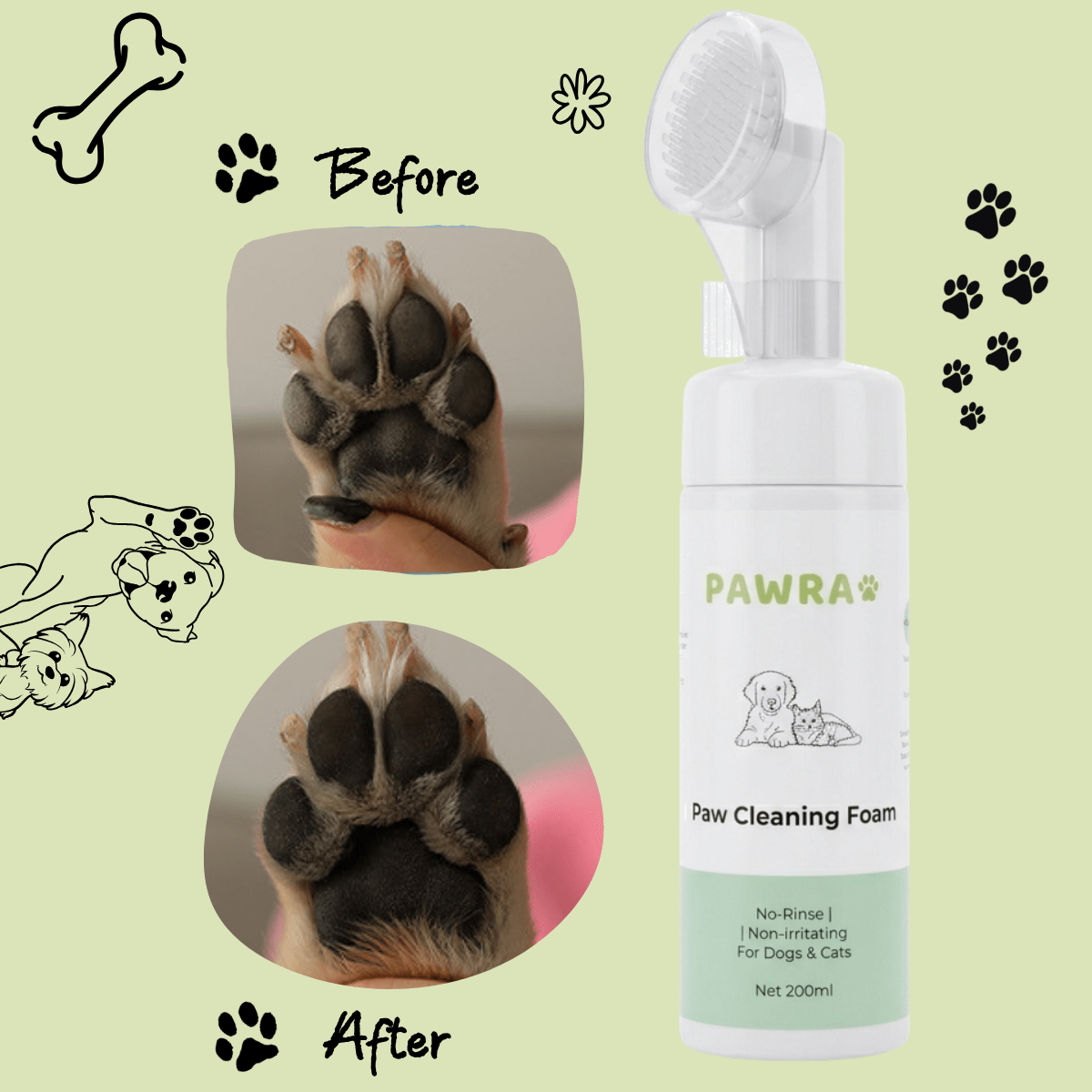 No - Rinse Pet Paw Cleaning Foam - Built - in Brush | Safe & Gentle for Dogs & Cats | Pawra Pet Care Pet Grooming Supplies