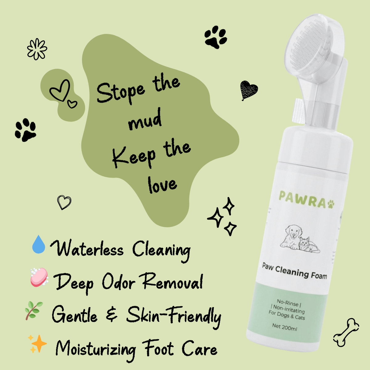 No - Rinse Pet Paw Cleaning Foam - Built - in Brush | Safe & Gentle for Dogs & Cats | Pawra Pet Care Pet Grooming Supplies
