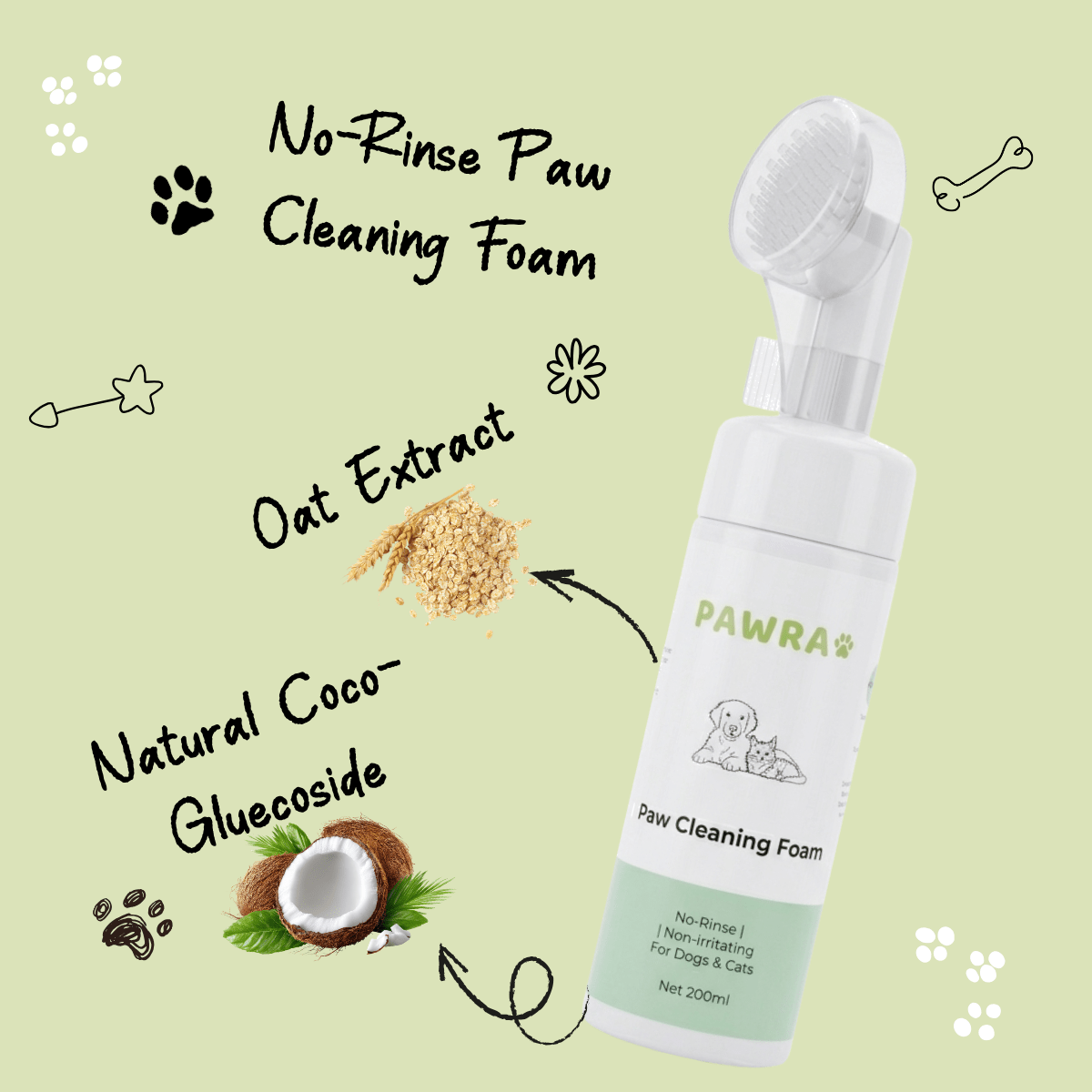 No - Rinse Pet Paw Cleaning Foam - Built - in Brush | Safe & Gentle for Dogs & Cats | Pawra Pet Care Pet Grooming Supplies